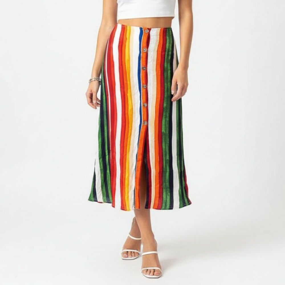 Olivaceous Striped Button Up A Line Midi Skirt M